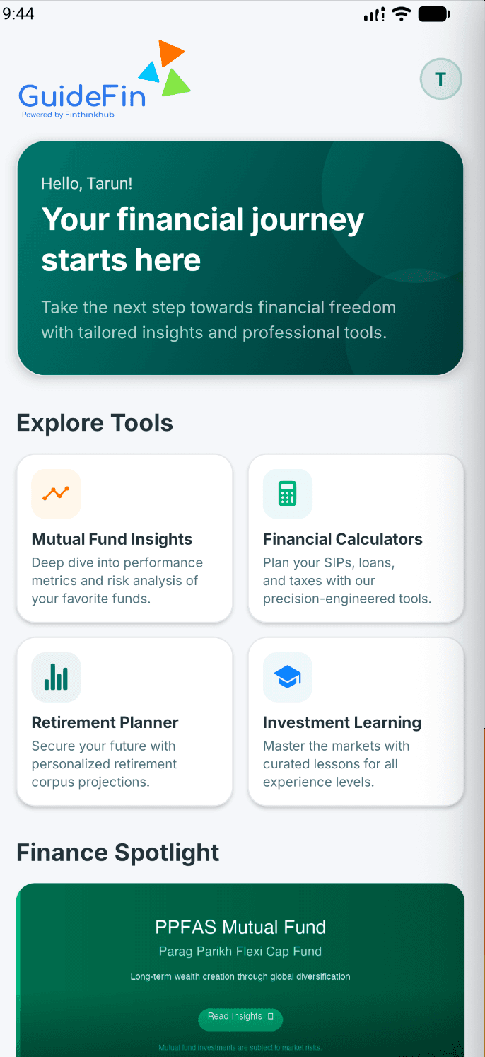 GuideFin App — retirement planning dashboard with fund insights and financial calculators